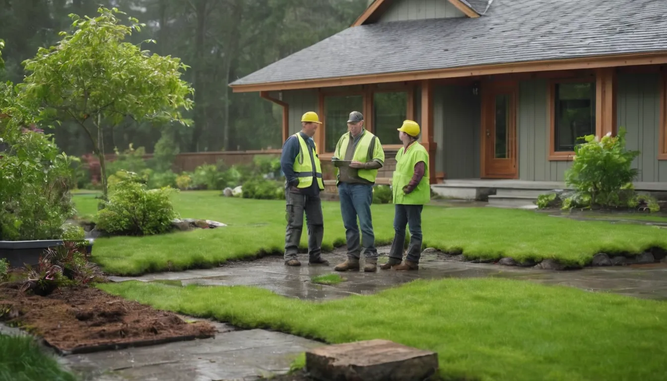 A homeowner talking with a septic provider beside a tank lid in a damp Bothell yard
