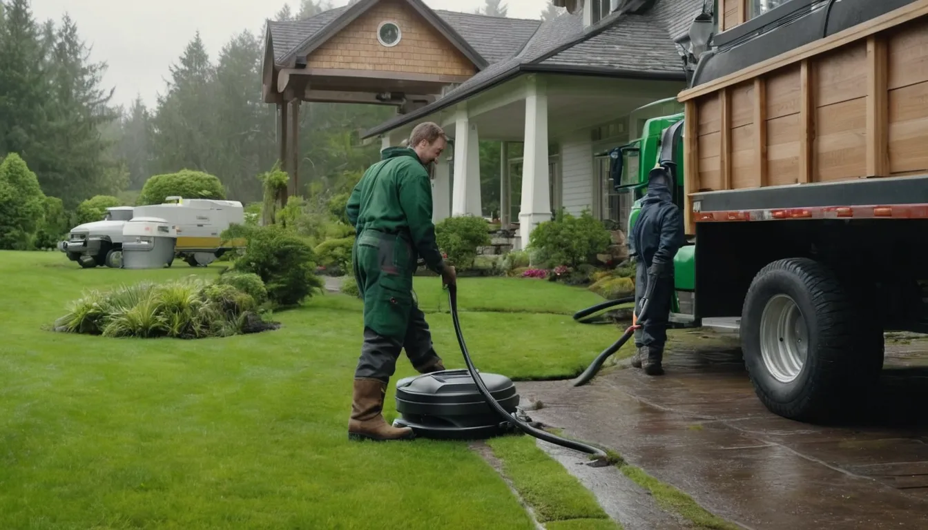 Septic tank pumping truck parked at a Bothell home with a provider checking the hose beside a lawn