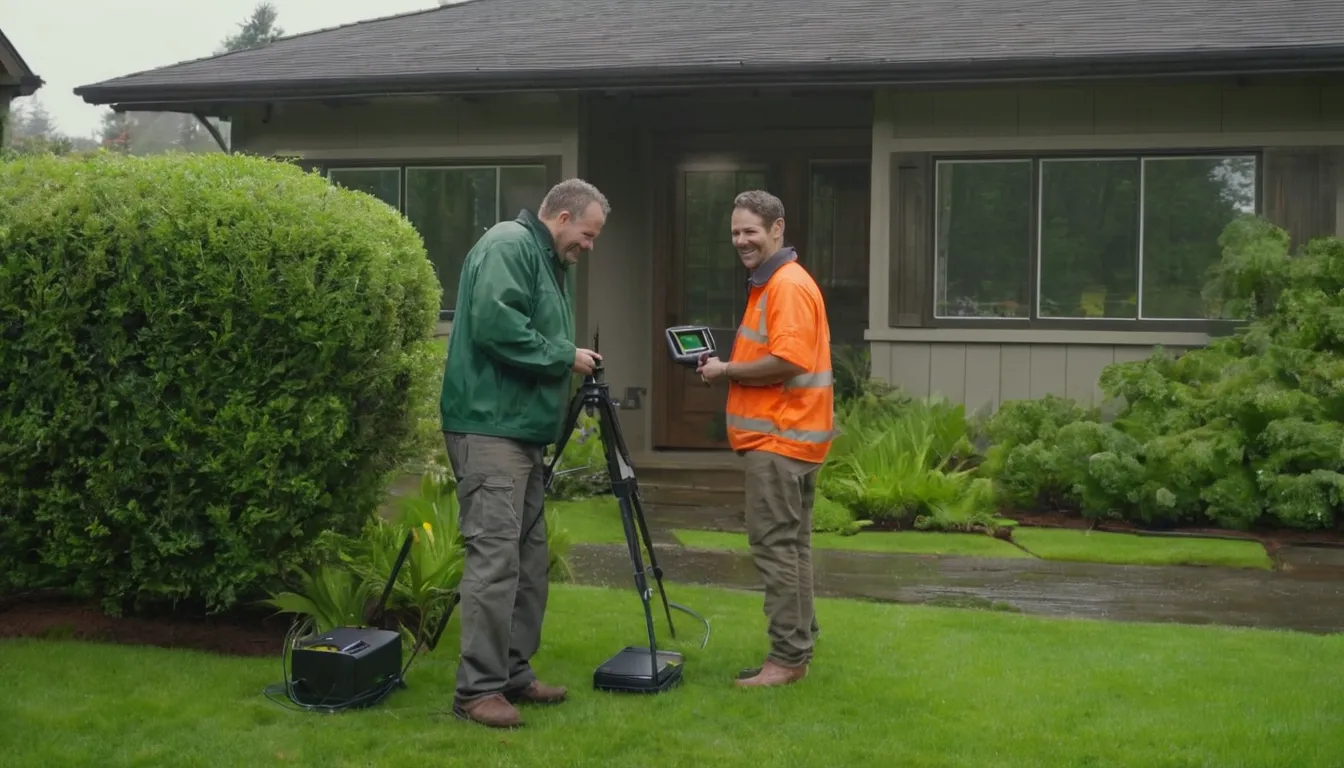 A local provider and a homeowner looking at a sewer camera screen beside a yard in Bothell